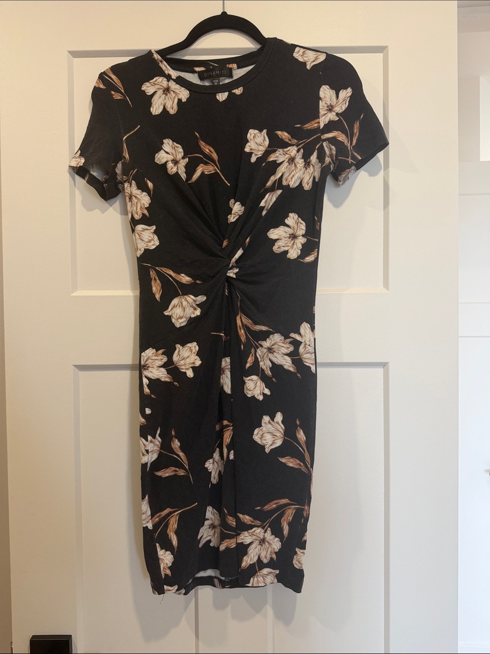 Dynamite Black Mini Dress with Cream Floral Twist-Front